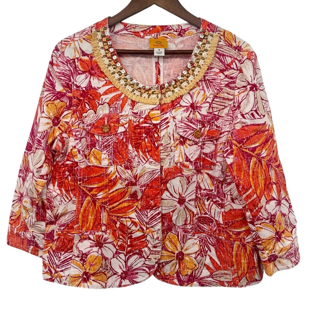Ruby Rd Women's Embellished Tropical Floral Jacket Size 16 Orange Pink Stretch